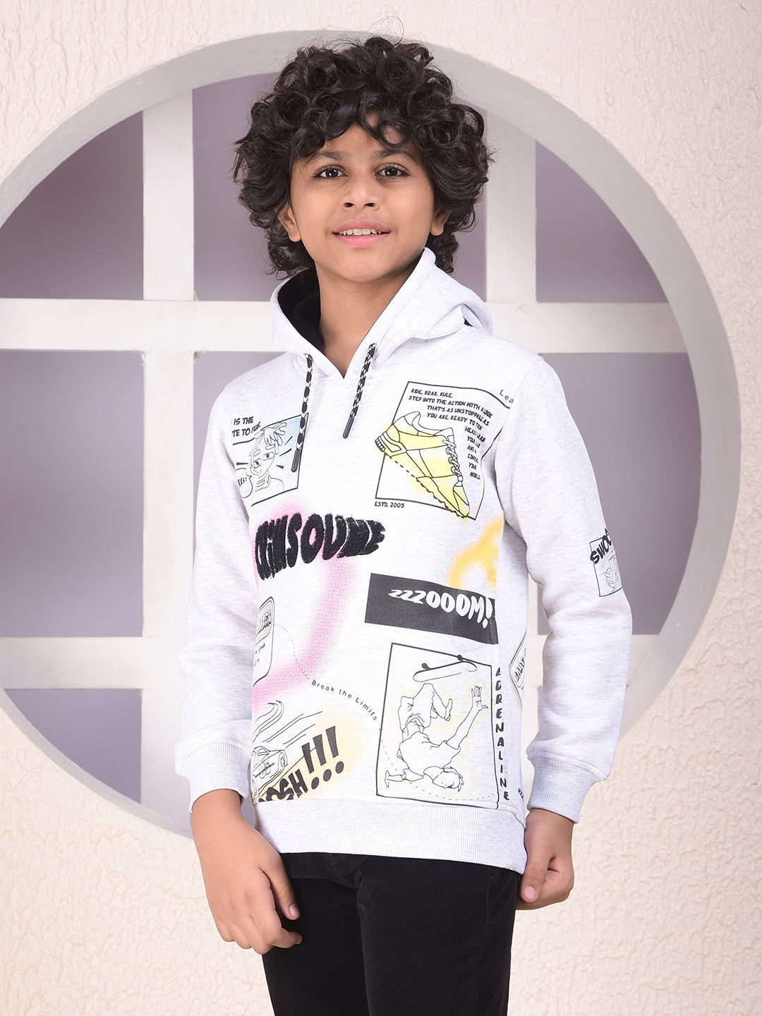 Grey Typographic Print Hooded Neck Sweatshirt