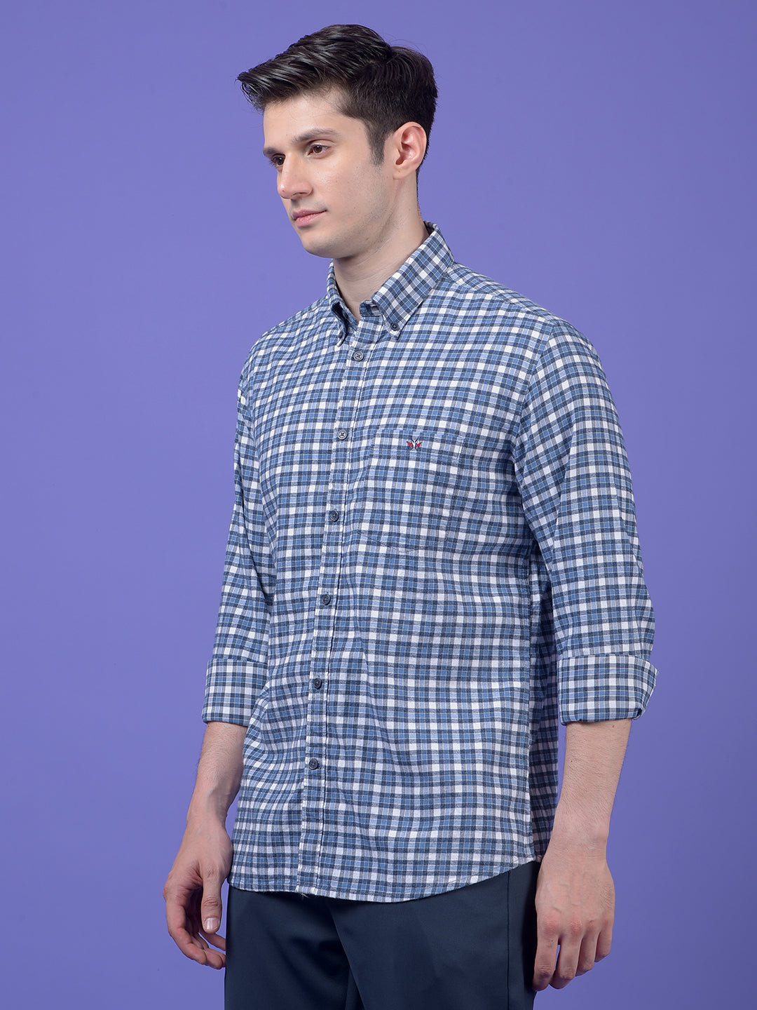 Blue Checked Button-Down Collar 100% Cotton Shirt