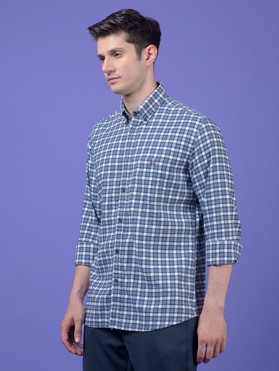 Blue Checked Button-Down Collar 100% Cotton Shirt