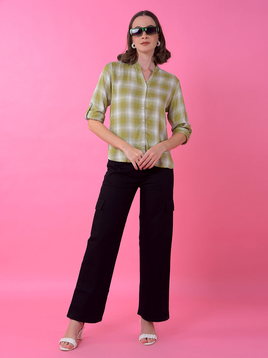 Green Checked V-Neck Shirt