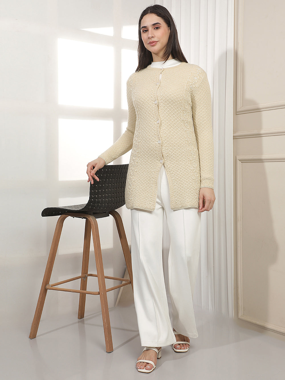 Cream Embellished Mid-Thigh Length Cardigan