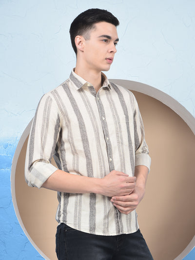 Beige Vertical Stripes Linen Straight Kurta