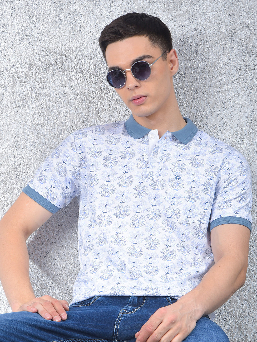 Blue Floral Print Polo Neck T-Shirt
