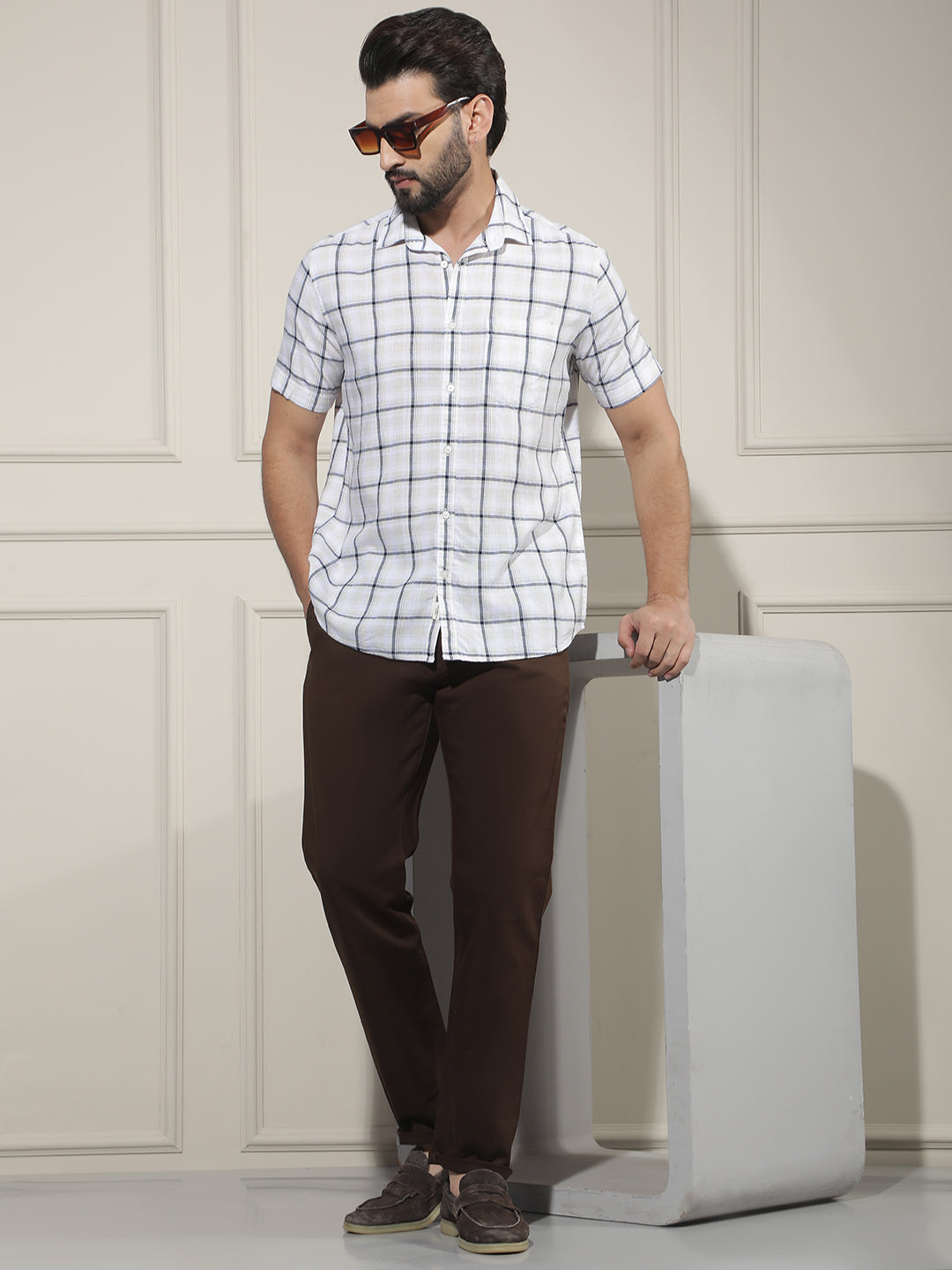 Navy Blue Checked Linen Shirt
