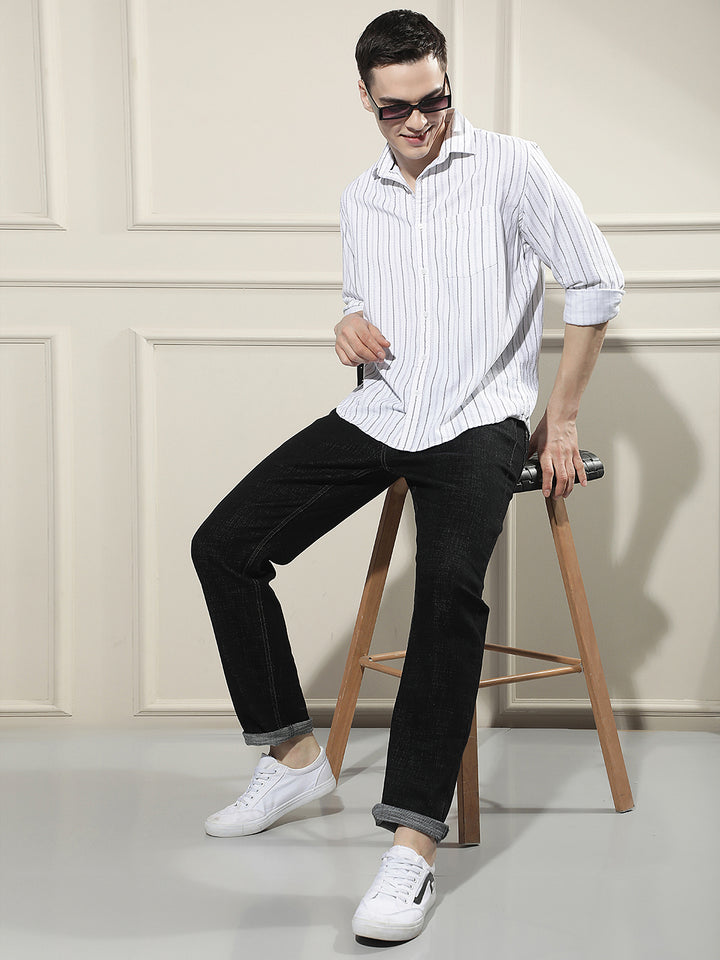 White Vertical Stripes 100% Cotton Corduroy Shirt