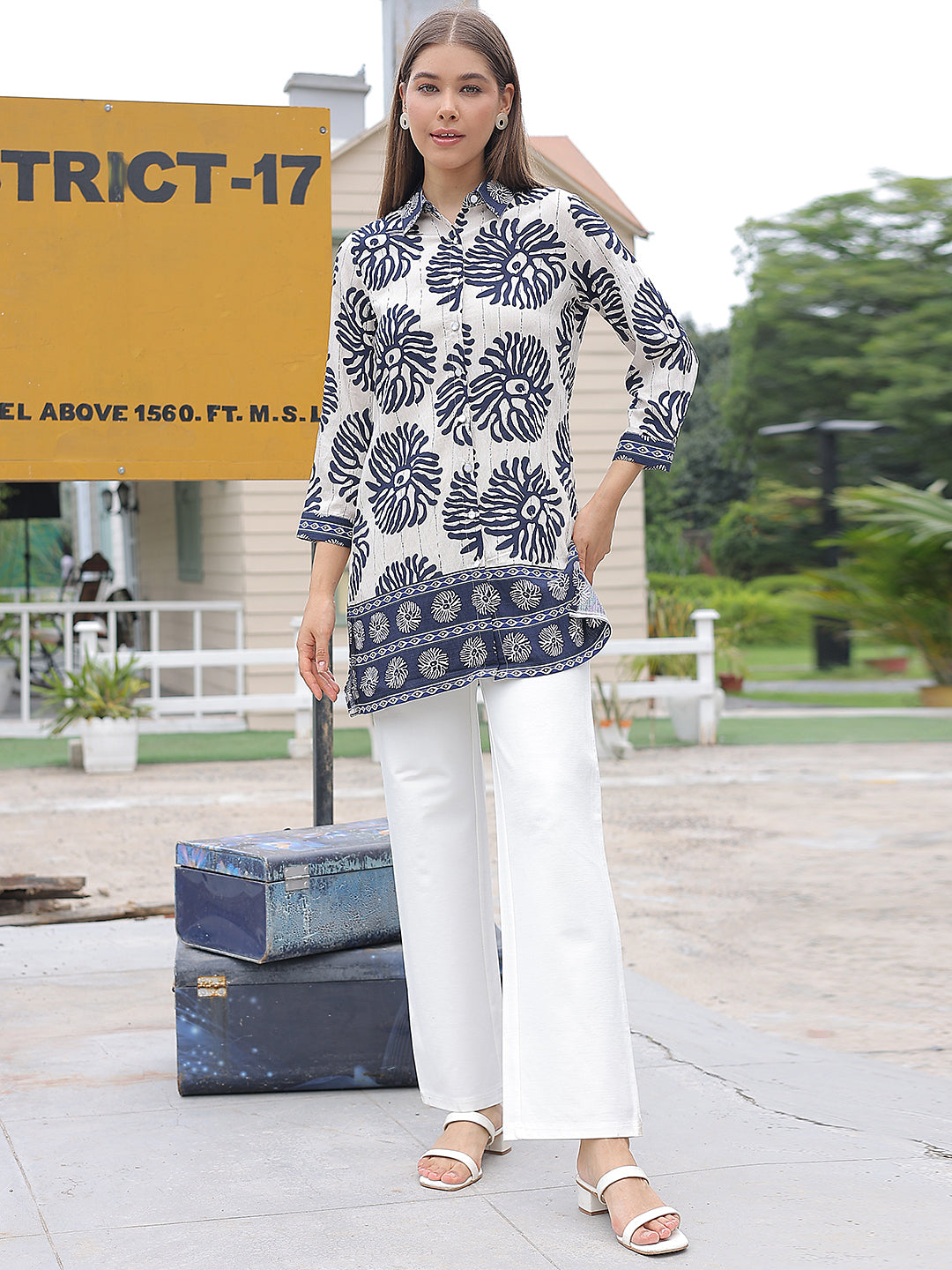 Navy Blue Floral Print Top