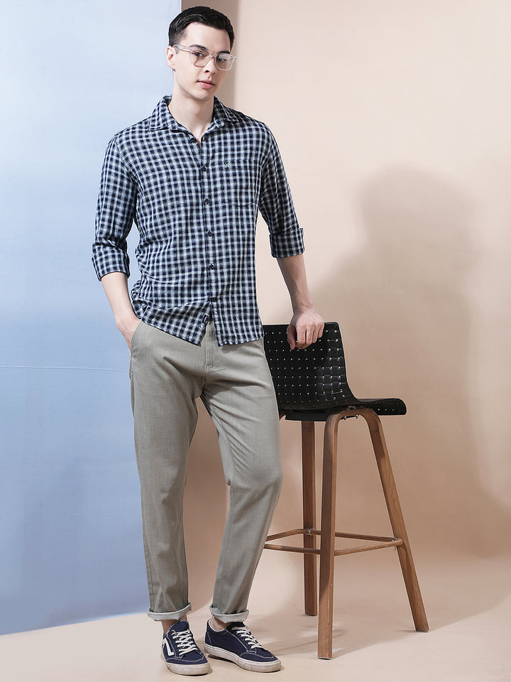 Navy Blue 100% Cotton Checked Shirt