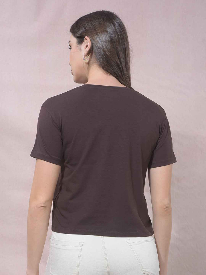 Brown Floral Print Cropped T-Shirt