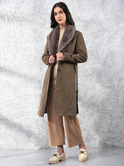 Brown Notched Lapel Overcoat With Belt