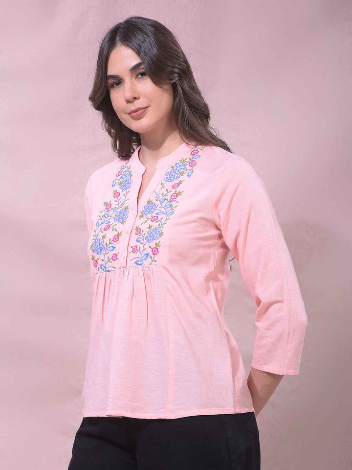 Pink Floral Embroidered V-Neck Top