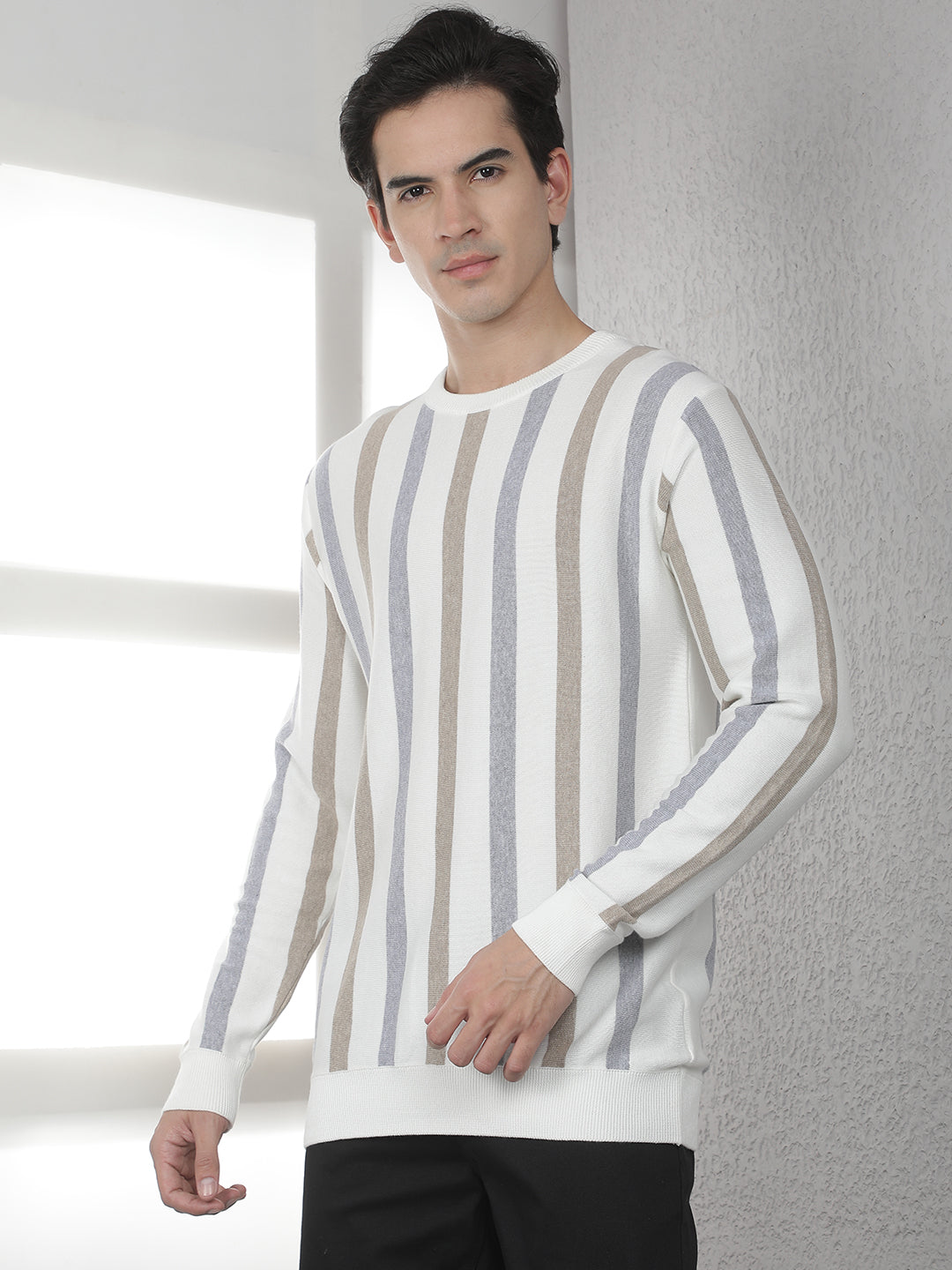 Beige 100% Cotton Verical Stripes Round Neck Sweater