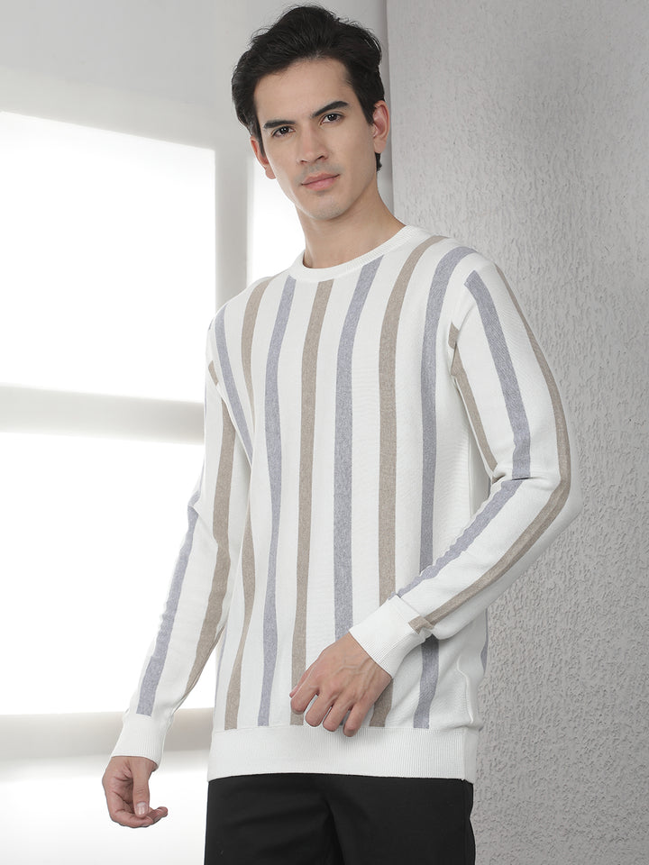 Beige 100% Cotton Verical Stripes Round Neck Sweater