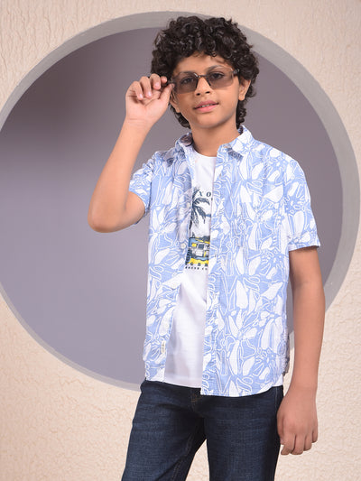 Blue Printed 100% Cotton Shirt & Tee Set Layered Look