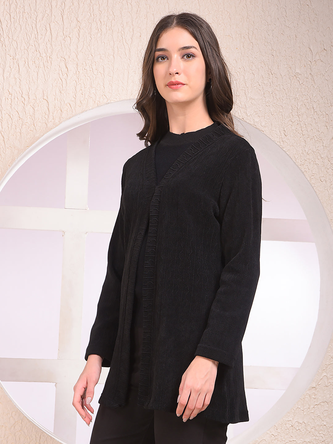 Black Printed V-Neck Open Front Shrug