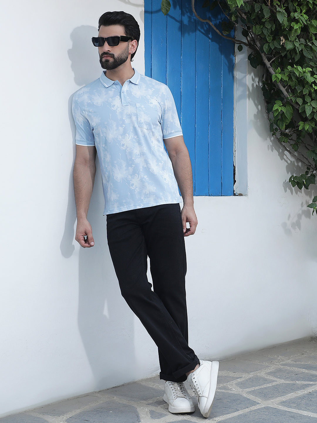 Blue Floral Print Polo Neck T-Shirt