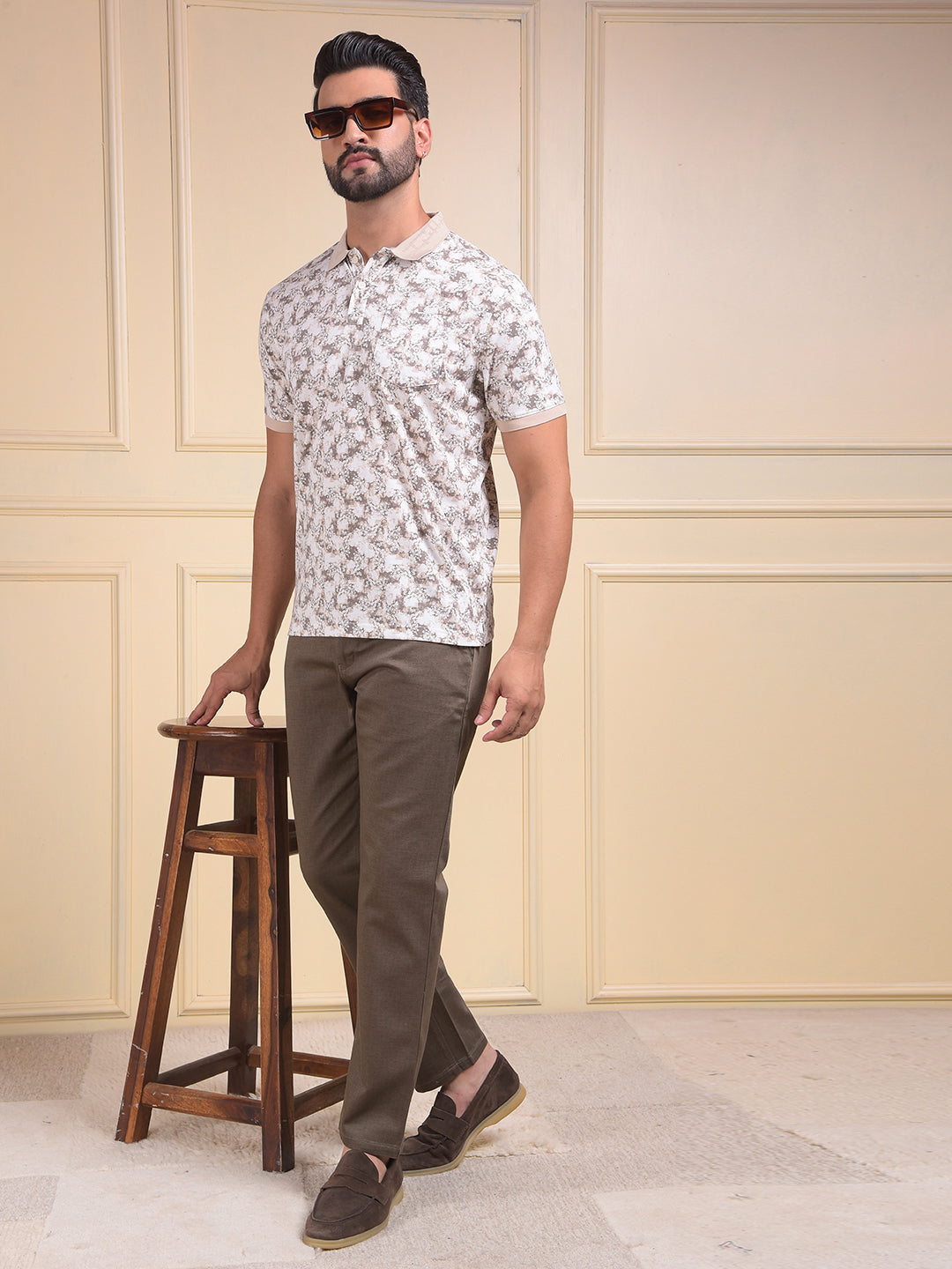 Brown Floral Print Polo Neck T-Shirt