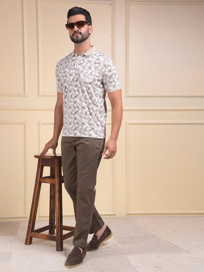 Brown Floral Print Polo Neck T-Shirt