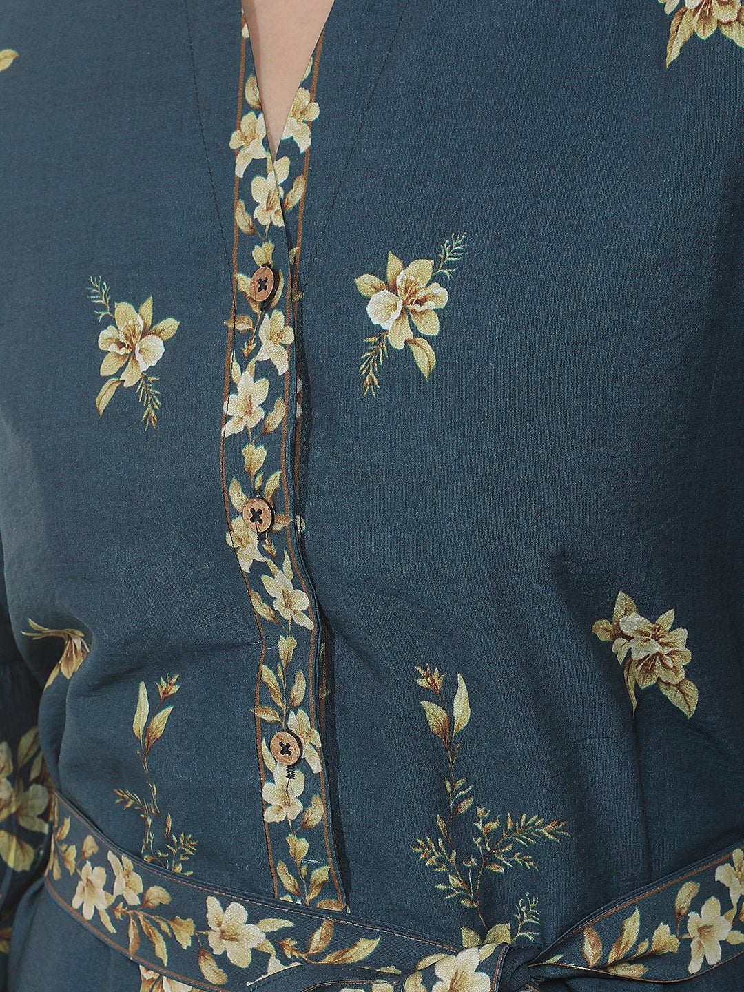 Blue Floral Print Midi Shirt Dress With Belt