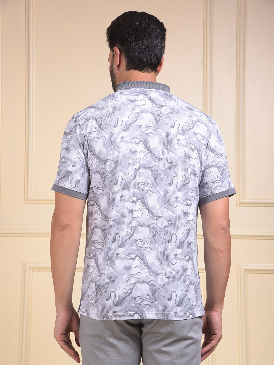 Grey Abstract Print Polo Neck T-Shirt