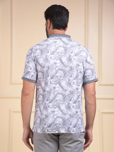 Grey Abstract Print Polo Neck T-Shirt