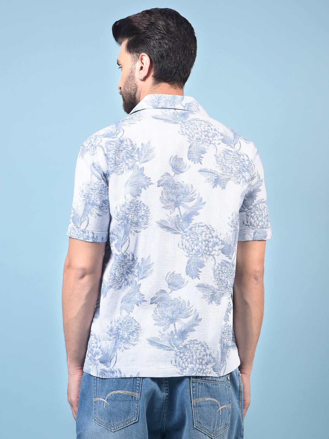 Men's Blue Floral Print 100% Cotton Shirt-Men Shirts-Crimsoune Club