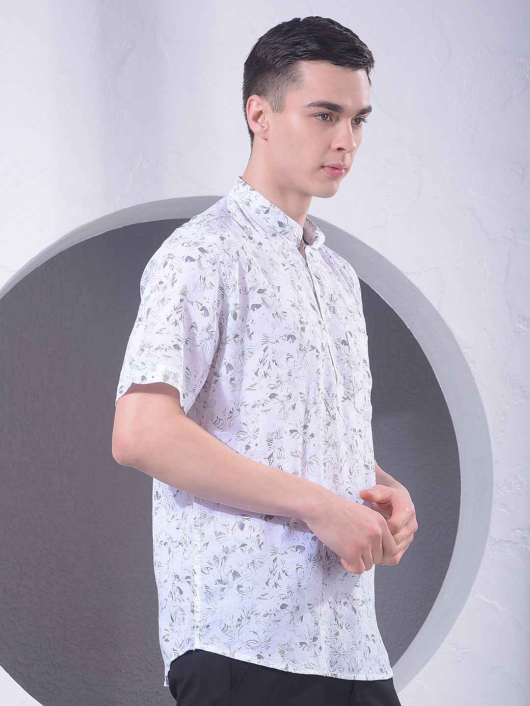 White Floral Print Linen Kurta