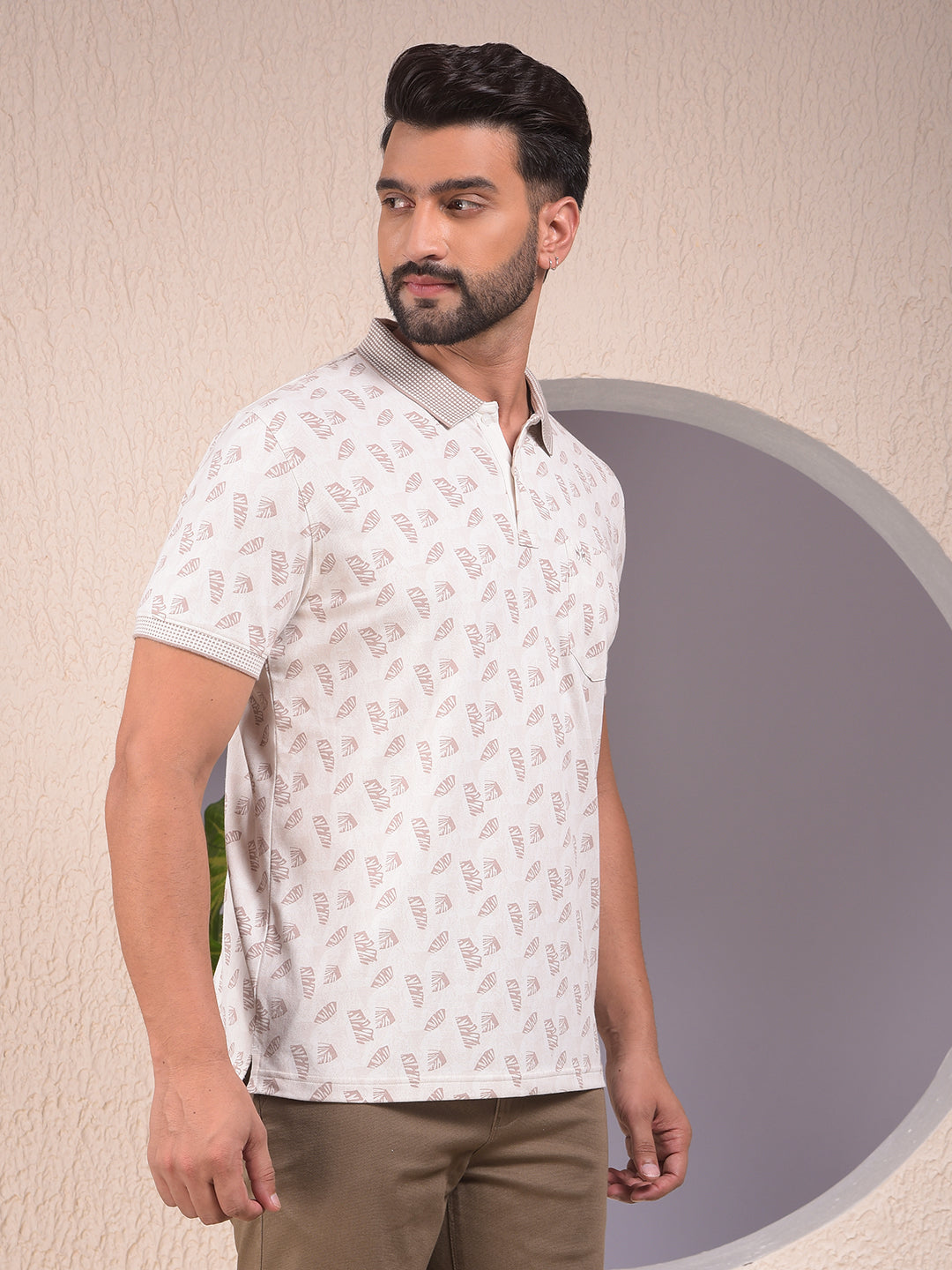 Beige Printed Polo Neck T-Shirt