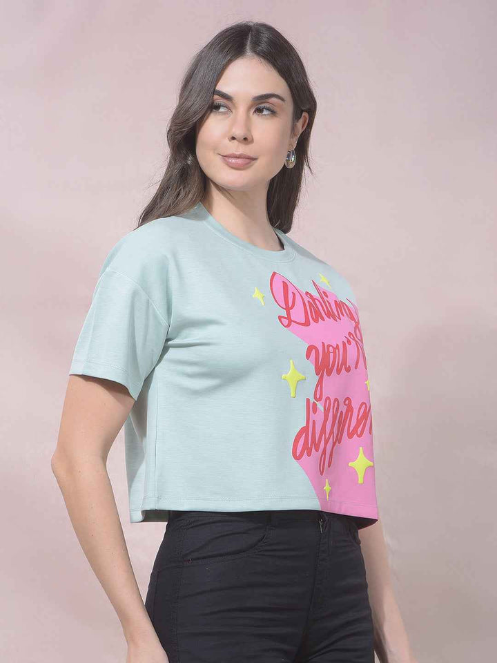 Green Typographic Print Cropped T-Shirt