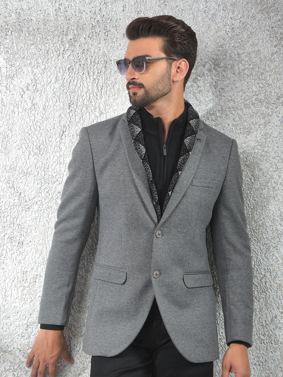 Grey Notched Lapel Single-Breasted Blazer