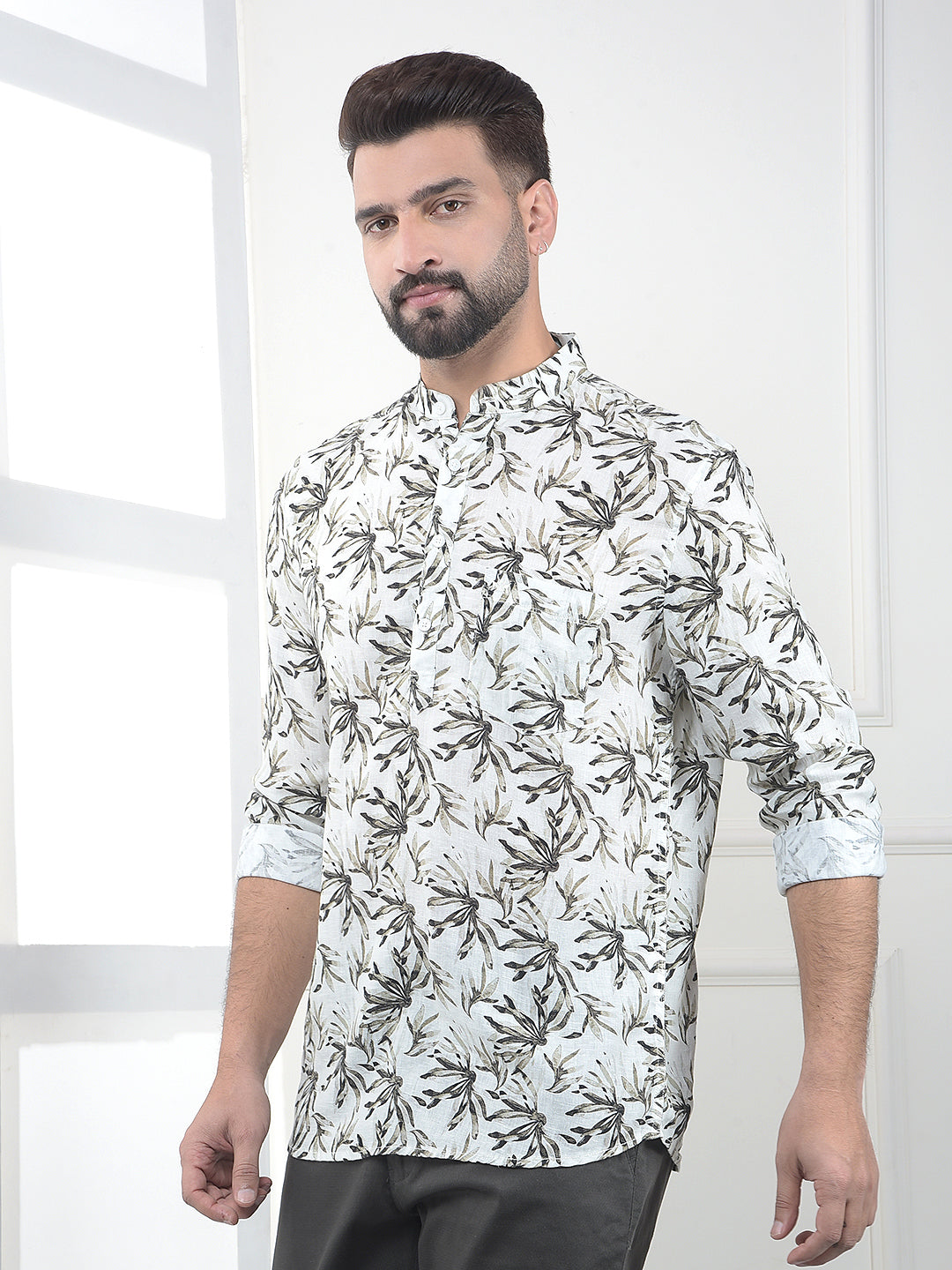 Olive Floral Printed Linen Kurta