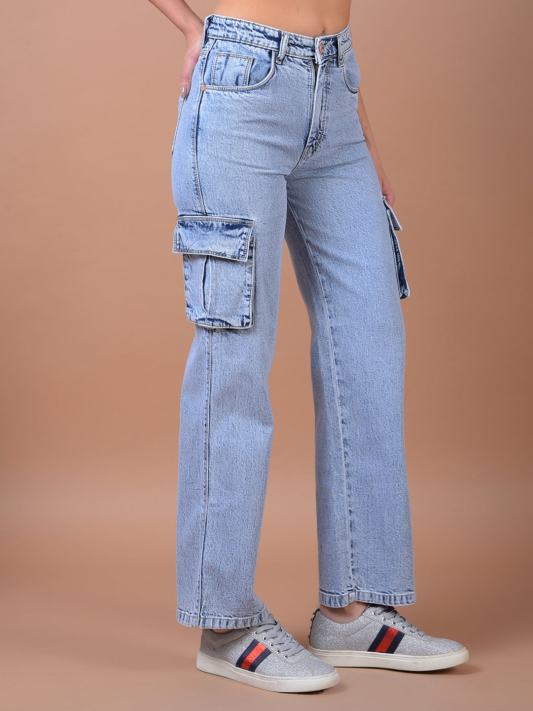 Blue Wide Leg 100% Cotton Cargo Jeans