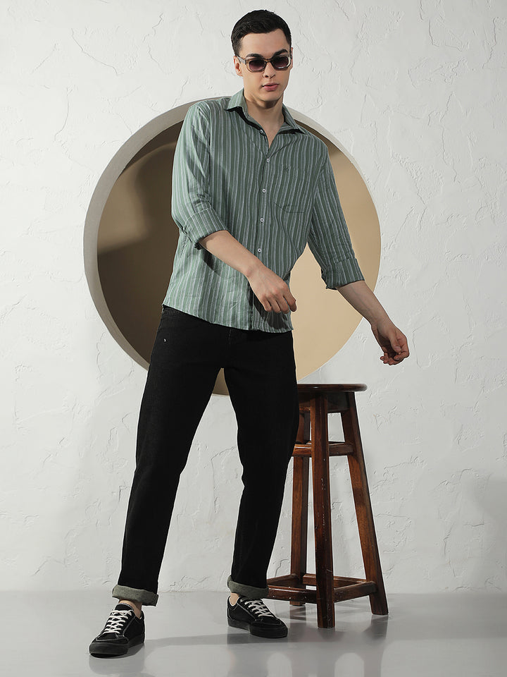 Green Vertical Stripes 100% Cotton Shirt