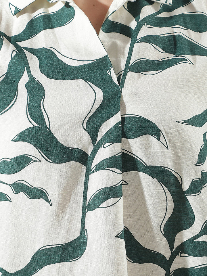 Green Botanical Print Linen Top