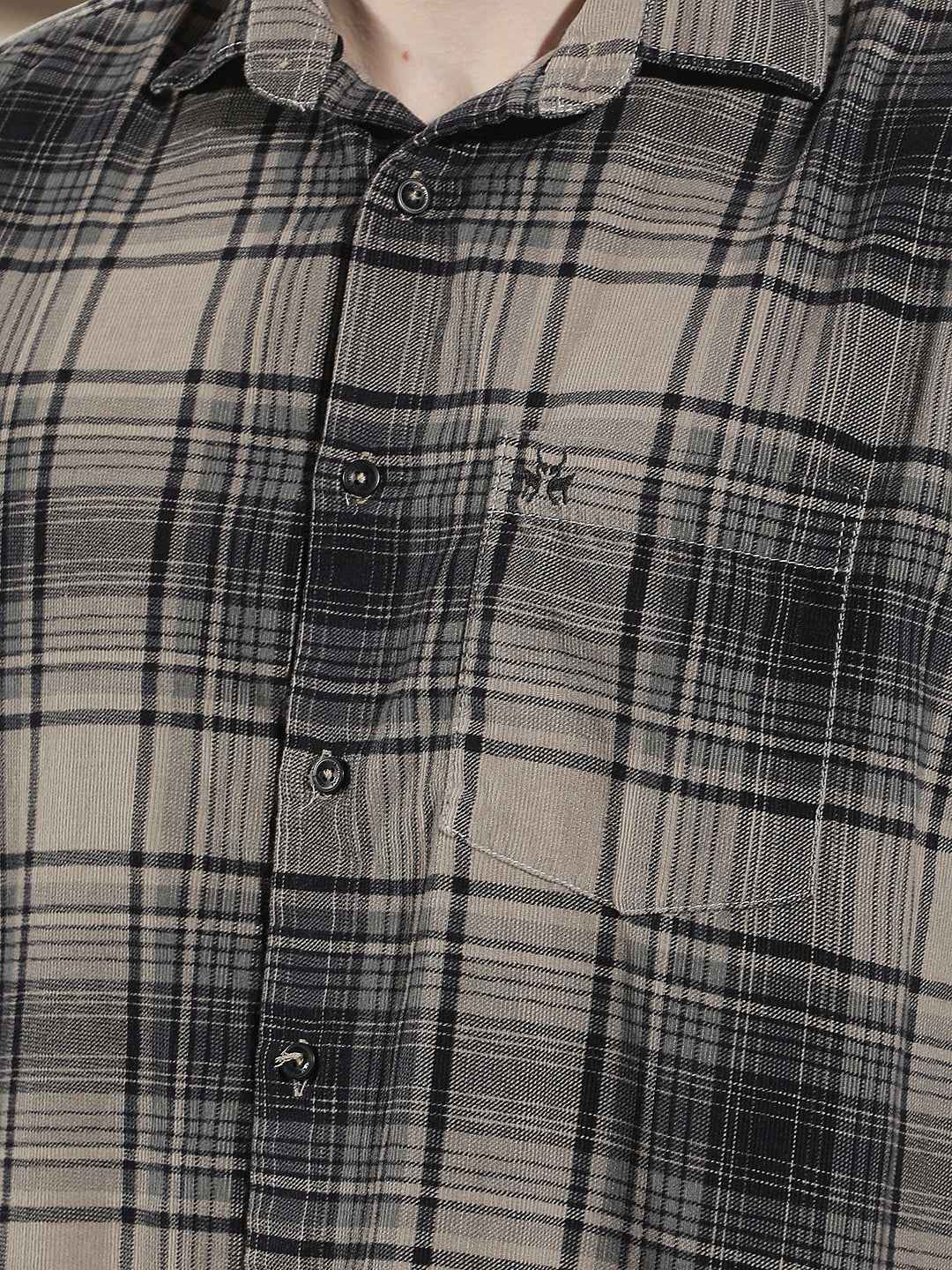 Grey Checked 100% Cotton Corduroy Shirt