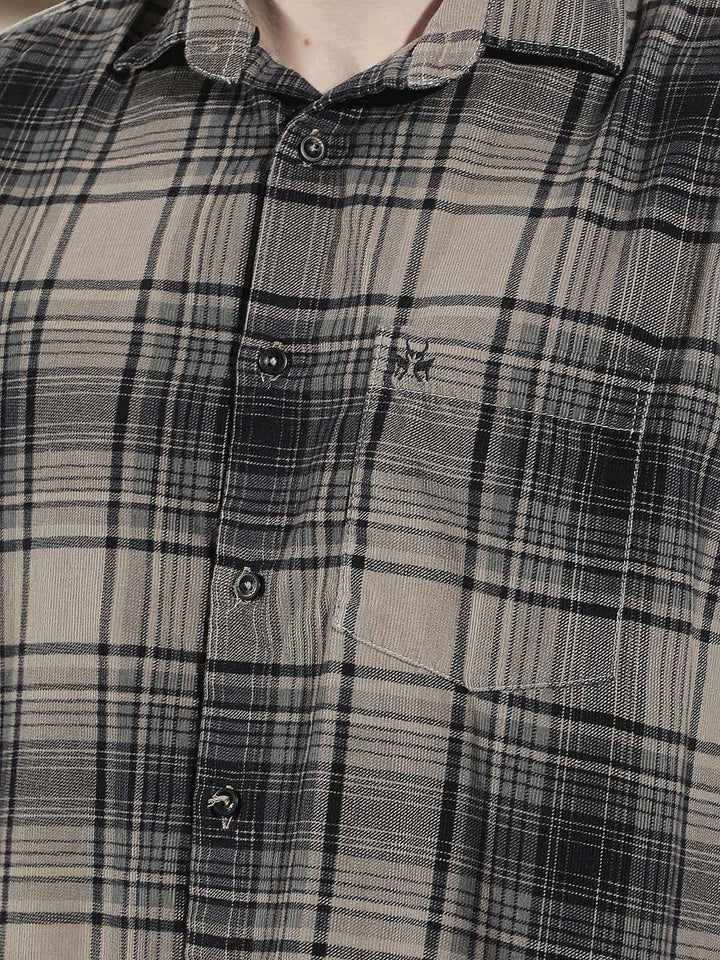 Grey Checked 100% Cotton Corduroy Shirt