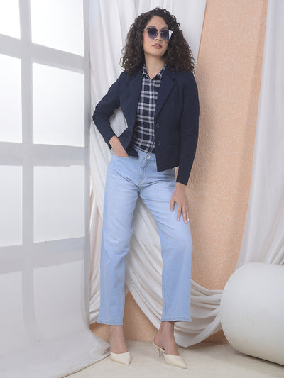 Navy Blue Notched Lapel Single-Breasted Blazer