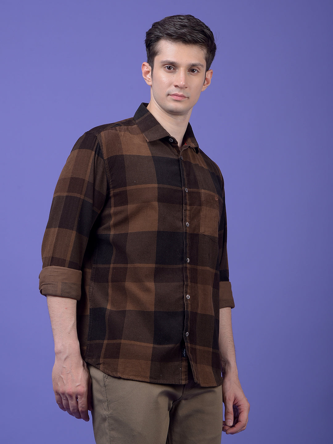 Brown Checked 100% Cotton Corduroy Shirt