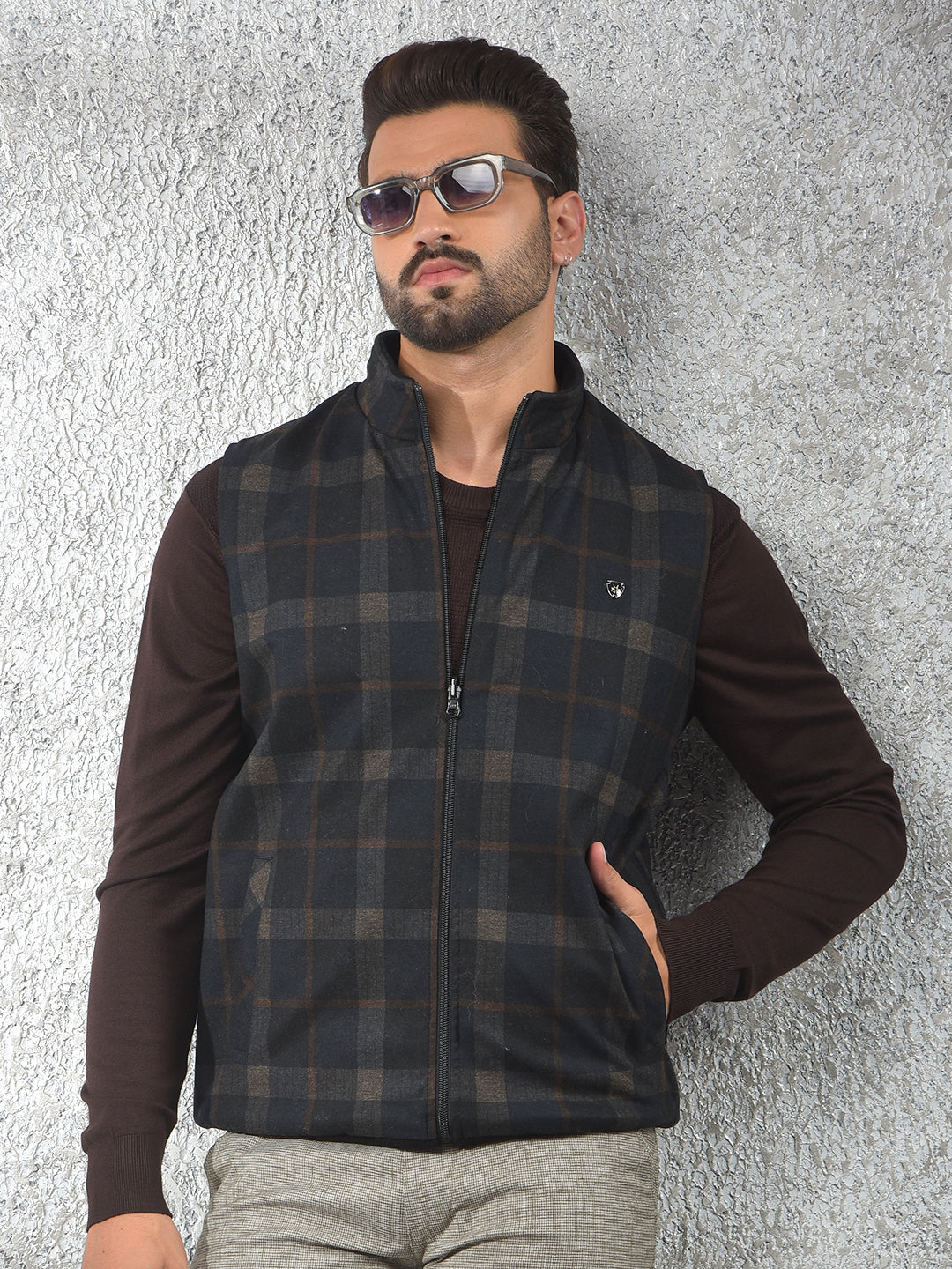 Black Checked Sleeveless Reversible Jacket