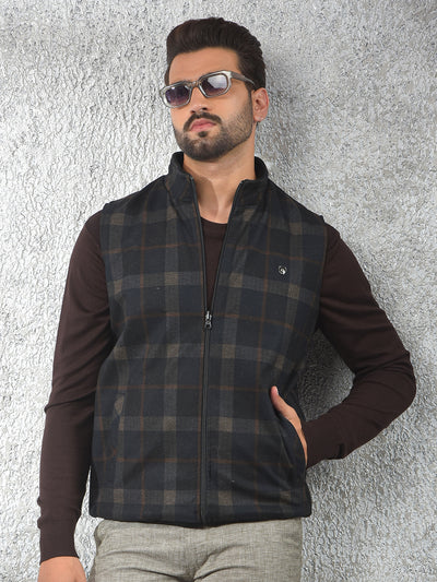 Black Checked Sleeveless Reversible Jacket