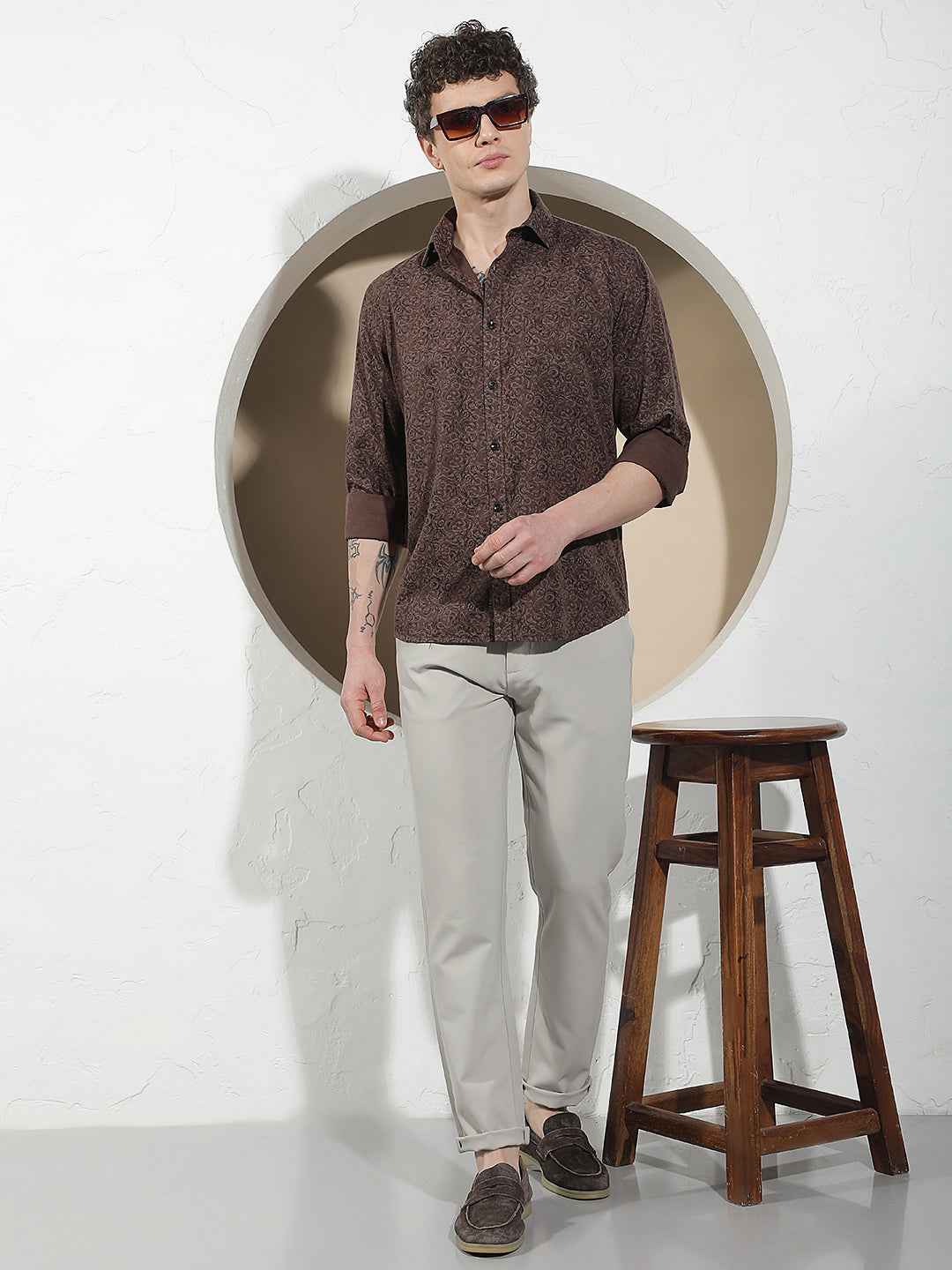 Brown Printed Linen Shirt