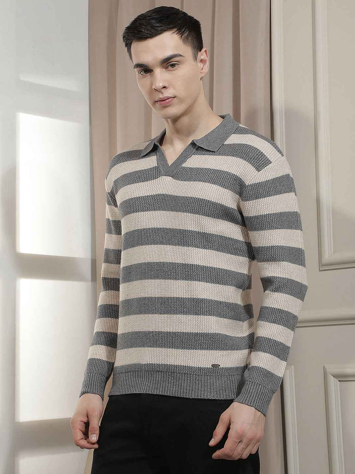 Grey Horizontal Stripes Long Sleeves T-Shirt