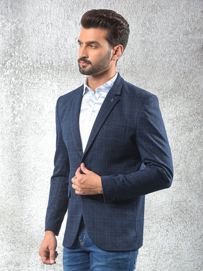 Navy Blue Checked Notched Lapel Single-Breasted Blazer
