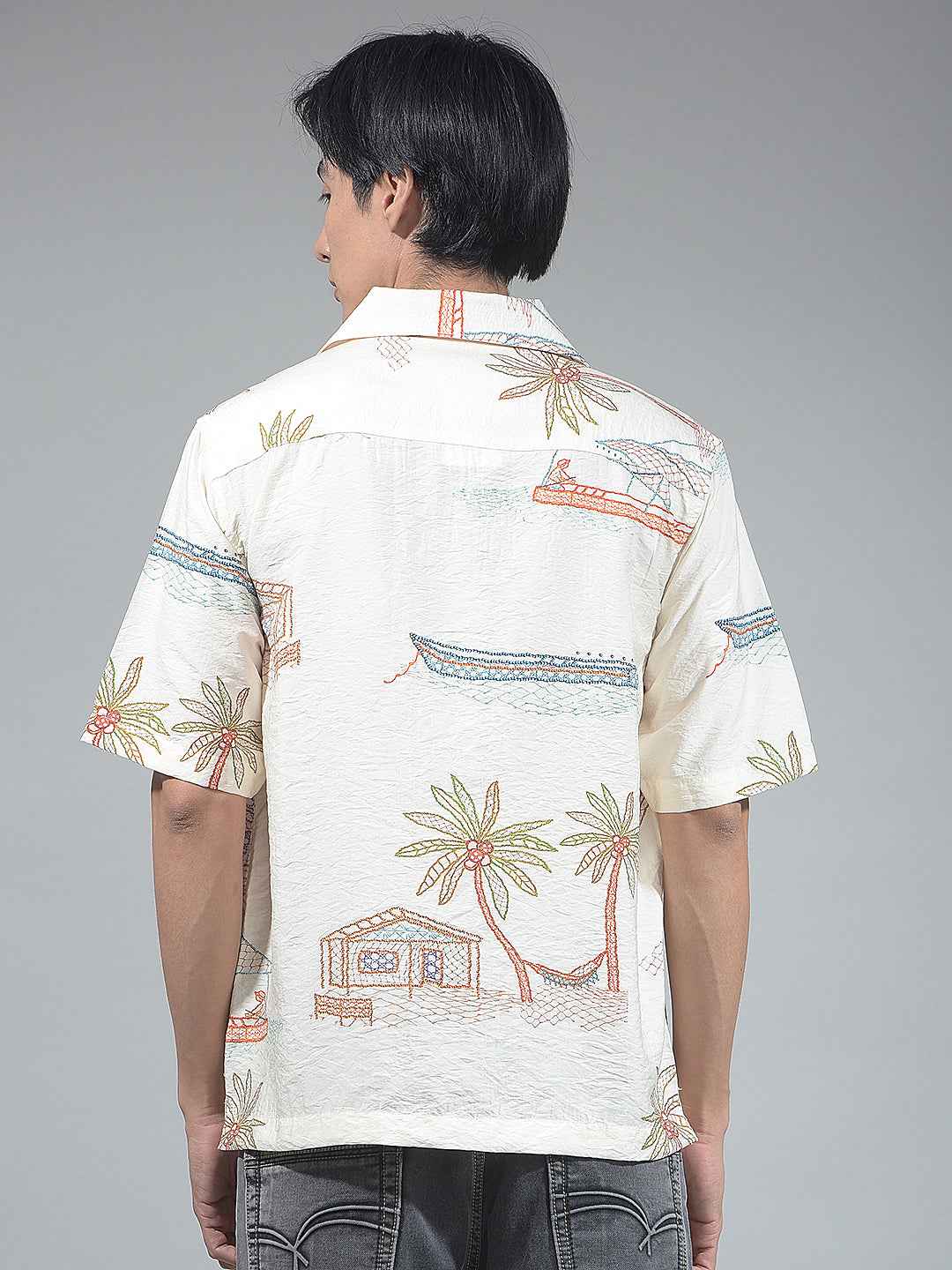Beige Botanical Print Resort-Collar Shirt