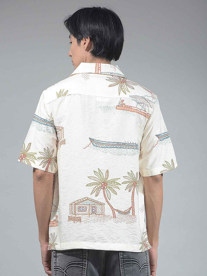Beige Botanical Print Resort-Collar Shirt
