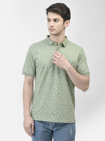 Green Floral Print Polo Neck T-Shirt