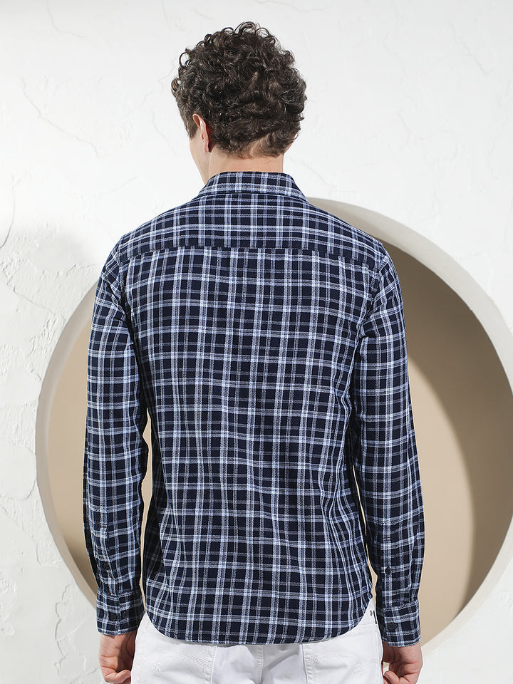 Navy Blue 100% Cotton Checked Shirt