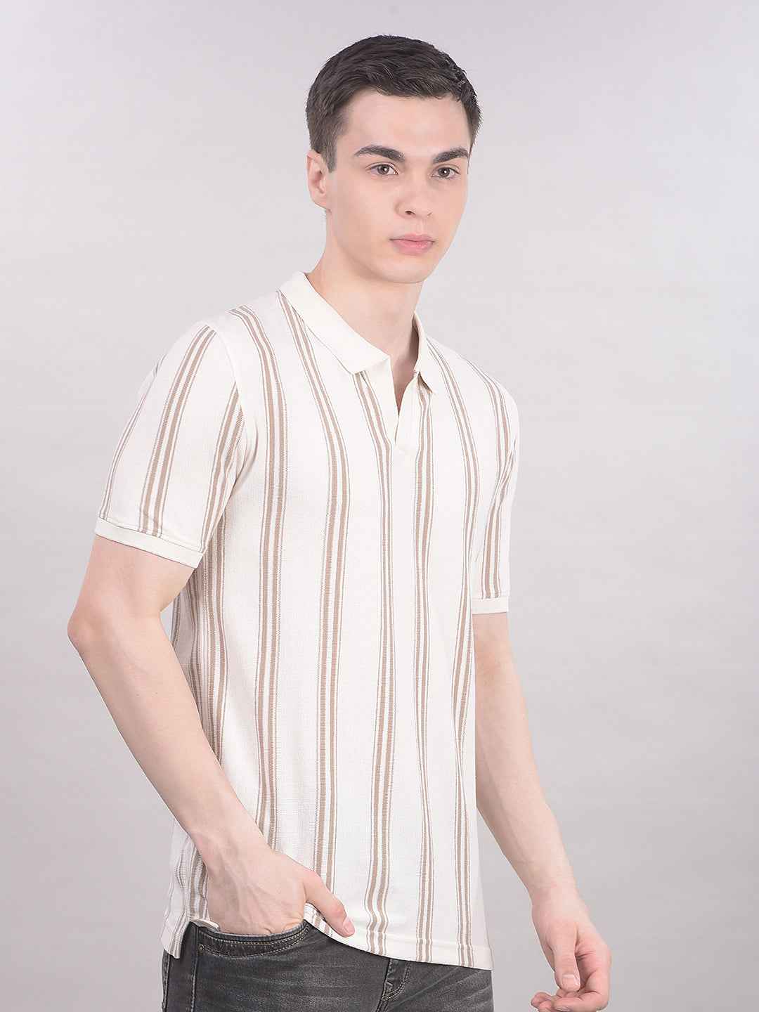 Cream Vertical Stripes T-Shirt