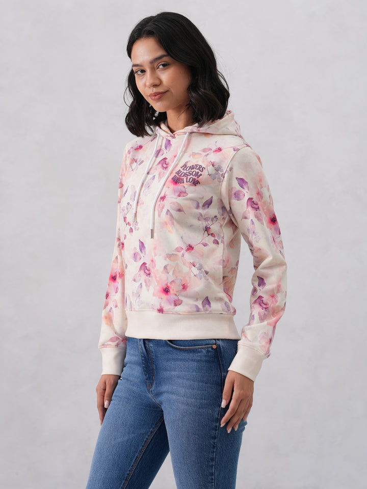 Multi-Color Floral Printed Hooded Neck Sweatshirt