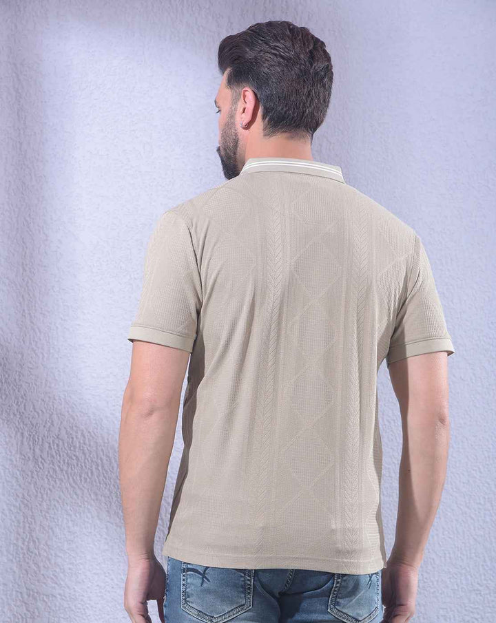 Beige Jacquard Polo Neck T-Shirt