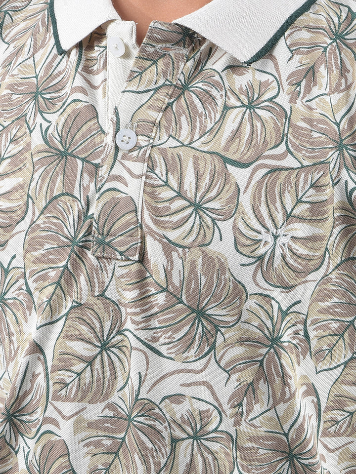 Beige Floral Print Polo Neck T-Shirt